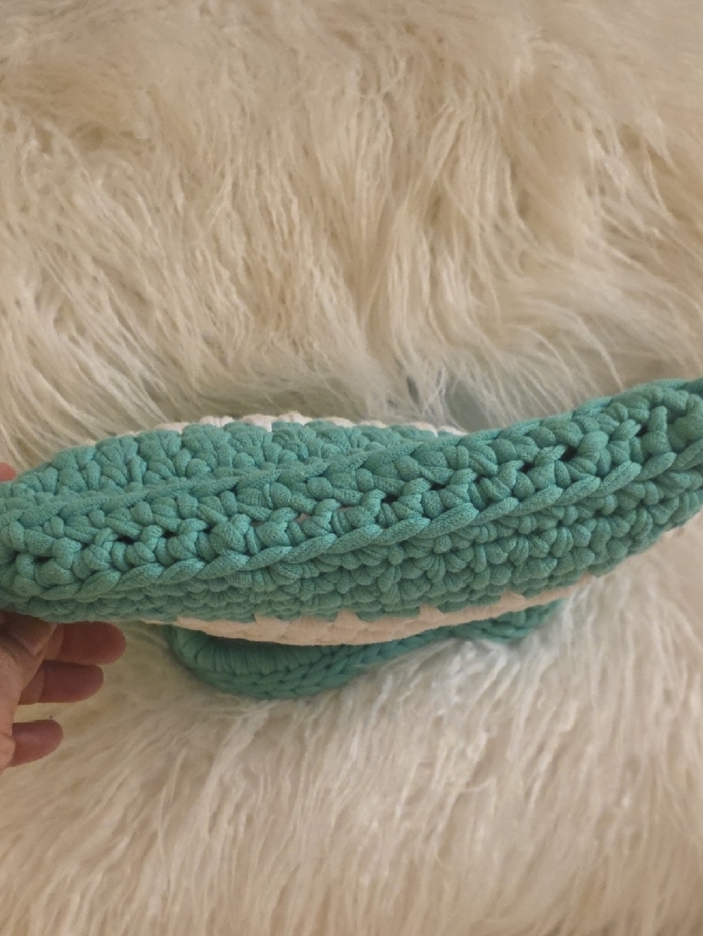 Handwoven Teal and Cream Mini Crochet Bag 11× 8.5  From the Handle to the Bottom - Picture 11 of 11